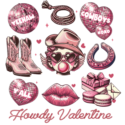 Celebrate love with this vibrant, playful collection of cowboy-themed illustrations, featuring boots, hearts, gifts, and a cheerful character!DTF Transfers