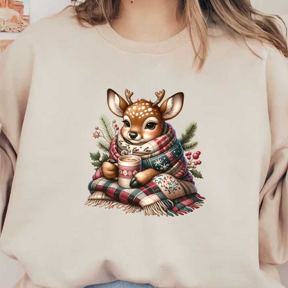 A cute deer wrapped in a colorful plaid blanket, holding a warm drink, surrounded by festive foliage and berries. dtf prints