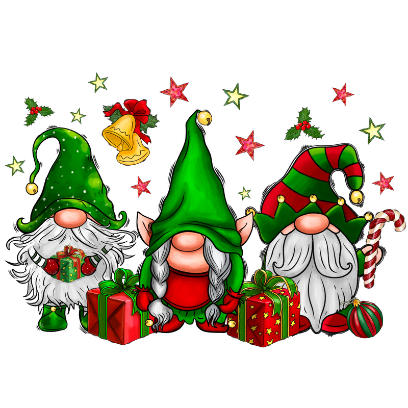Three festive gnomes in colorful hats pose with presents, surrounded by holiday decorations like stars, bells, and candy canes.DTF Transfers