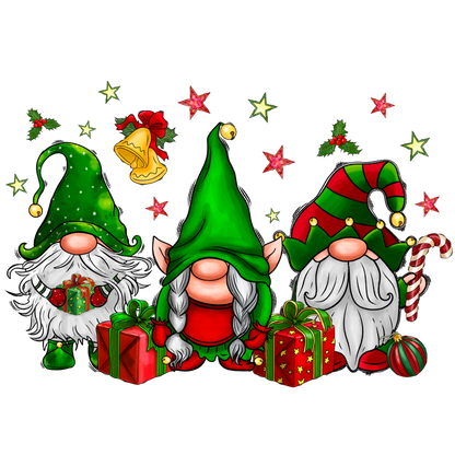 Three festive gnomes in colorful hats pose with presents, surrounded by holiday decorations like stars, bells, and candy canes.DTF Transfers