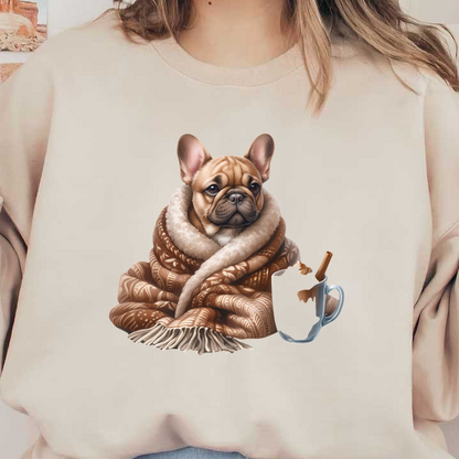 A cozy French Bulldog wrapped in a patterned brown blanket, sitting next to a warm mug with a cinnamon stick. dtf transfers