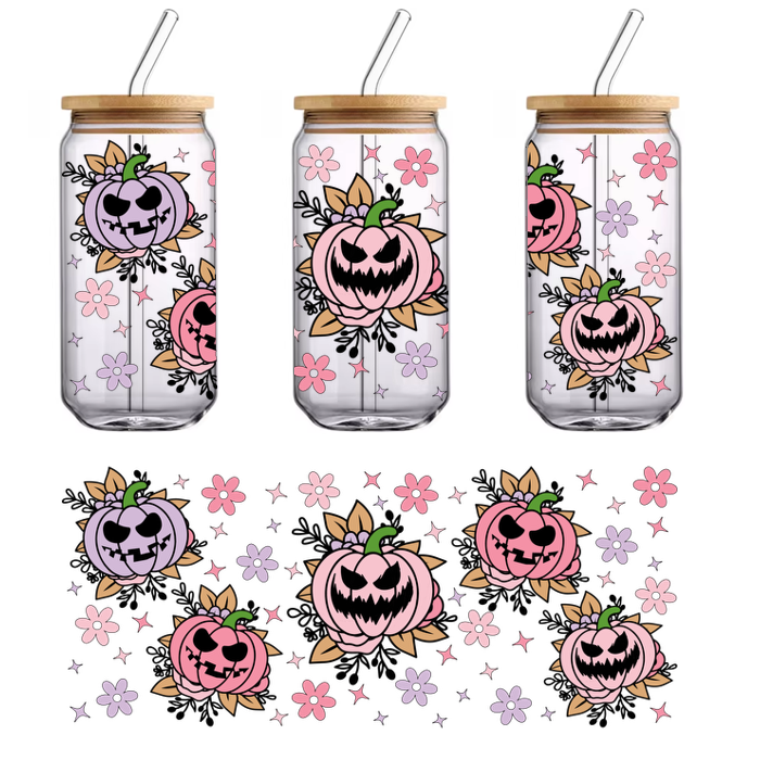 A playful design featuring pink and purple pumpkins with mischievous faces, surrounded by colorful flowers on a black background.UV Transfers dtf prints