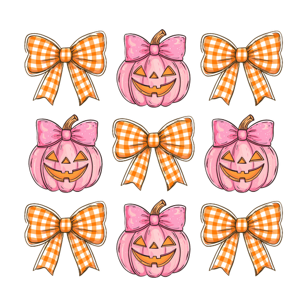 A charming design featuring pink pumpkins with playful smiles and large, gingham bows, perfect for Halloween decor. heat press transfers