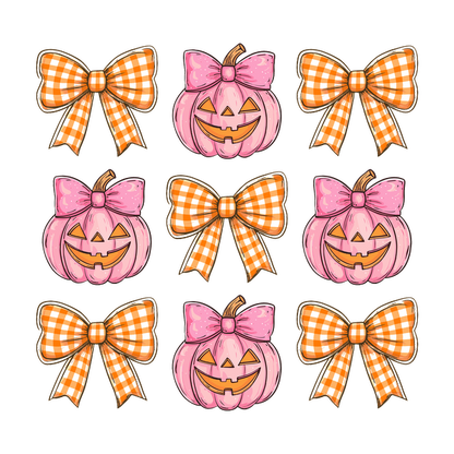 A charming design featuring pink pumpkins with playful smiles and large, gingham bows, perfect for Halloween decor. heat press transfers