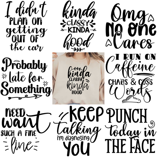 This is a white t-shirt with words printed on it.DTF Transfers