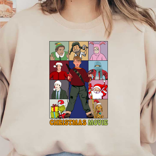 Festively themed illustration featuring a boy with toy guns surrounded by popular holiday characters, celebrating the spirit of Christmas movies.DTF Transfers dtf prints