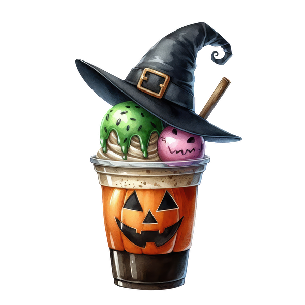 Un divertido vaso de helado con temática de Halloween con bolas verdes y rosas, coronado con un sombrero de bruja y un diseño de calabaza.