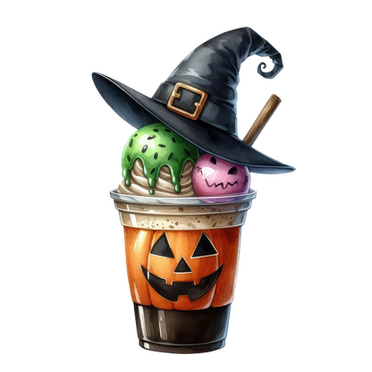 Un divertido vaso de helado con temática de Halloween con bolas verdes y rosas, coronado con un sombrero de bruja y un diseño de calabaza.