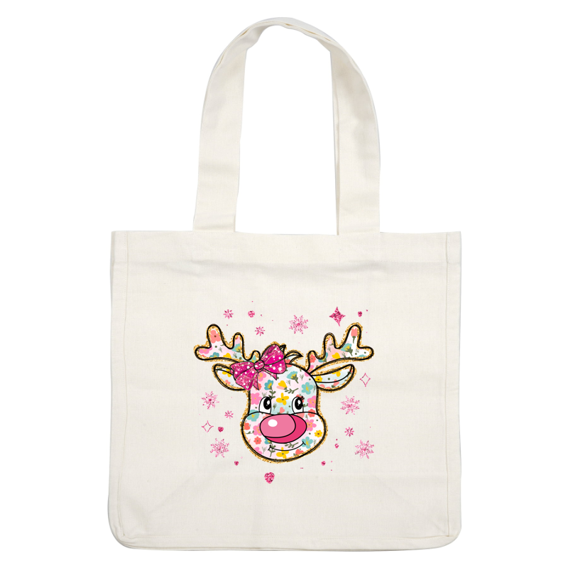 A whimsical reindeer illustration featuring colorful floral patterns and a cute pink bow, surrounded by sparkling snowflakes.DTF Transfers heat press transfers