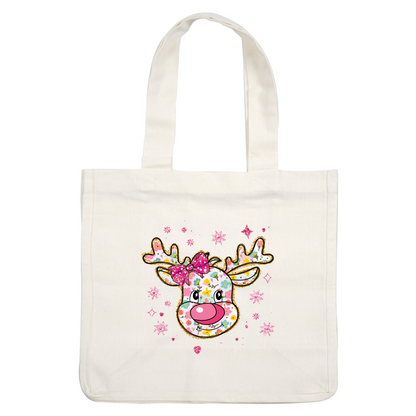 A whimsical reindeer illustration featuring colorful floral patterns and a cute pink bow, surrounded by sparkling snowflakes.DTF Transfers heat press transfers