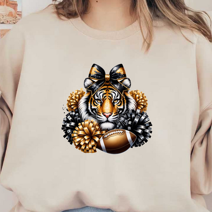 A vibrant illustration of a tiger wearing a bow, surrounded by gold and black pom-poms, with a football at the center.DTF Transfersdtf regular iron