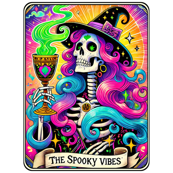 A vibrant illustration of a skeleton witch with colorful hair, holding a magical goblet and surrounded by swirling green smoke.dtf regular iron