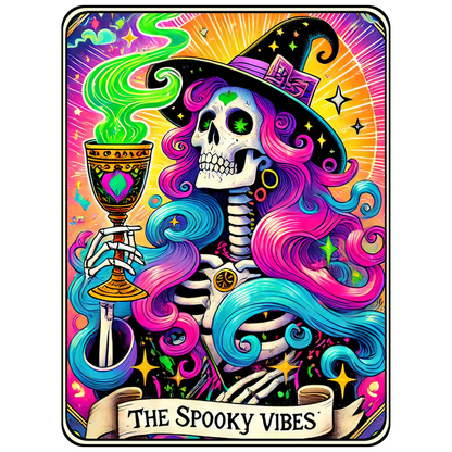 A vibrant illustration of a skeleton witch with colorful hair, holding a magical goblet and surrounded by swirling green smoke.dtf regular iron