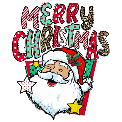 Joyful Santa graphic with a cheerful smile and festive "Merry Christmas" text, adorned with colorful stars and vibrant patterns. dtf transfers