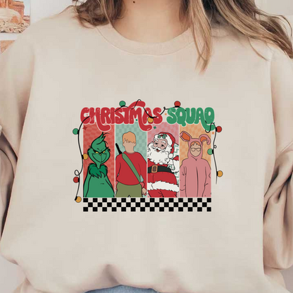 Celebrate the holiday spirit with the quirky "Christmas Squad," featuring iconic characters in festive attire and cheerful colors!DTF Transfers heat press transfersdtf regular iron