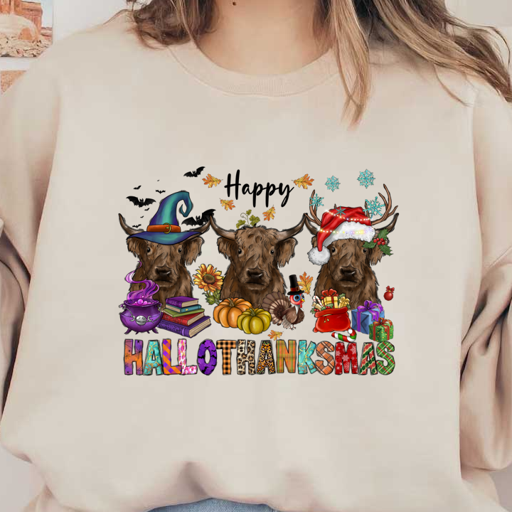 A whimsical illustration featuring three Highland cows adorned with festive hats, surrounded by autumn and winter decorations.DTF Transfersdtf regular iron