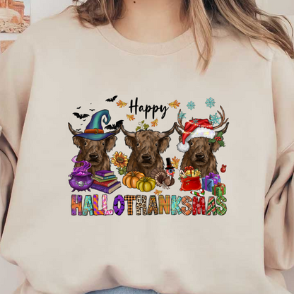 A whimsical illustration featuring three Highland cows adorned with festive hats, surrounded by autumn and winter decorations.DTF Transfersdtf regular iron