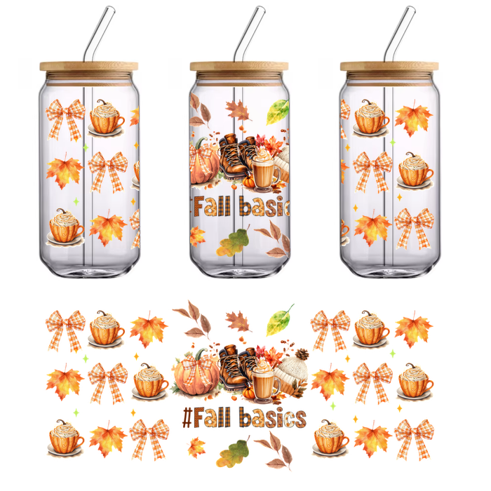 A cozy autumn-themed collage featuring pumpkins, fall leaves, coffee cups, and stylish accessories, perfect for celebrating the season.UV Transfers dtf transfers