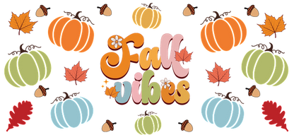 Celebrate autumn with vibrant pumpkins and colorful leaves in this cheerful "Fall Vibes" design!UV Transfers dtf transfers