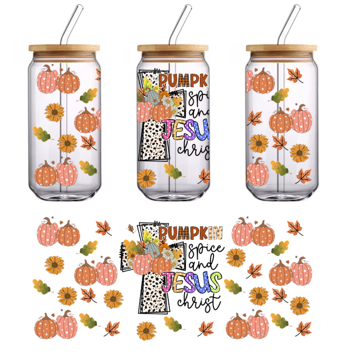 A vibrant fall-themed design featuring pumpkins, flowers, and leaves, with the playful text "Pumpkin Jesus" prominently displayed.UV Transfers heat press transfers