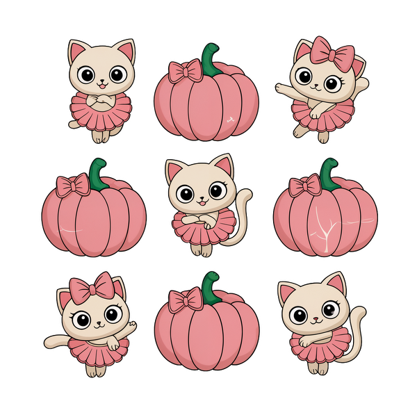 ¡Una colección extravagante de lindos gatos caricaturescos con tutús rosas y calabazas rosas, perfectos para una temática otoñal divertida!