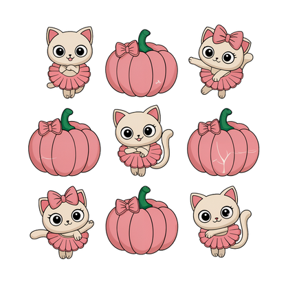 ¡Una colección extravagante de lindos gatos caricaturescos con tutús rosas y calabazas rosas, perfectos para una temática otoñal divertida!