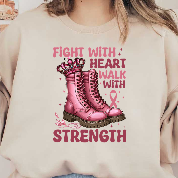 Bold pink combat boots adorned with a crown, promoting strength and resilience, complemented by a pink ribbon symbol. dtf prints