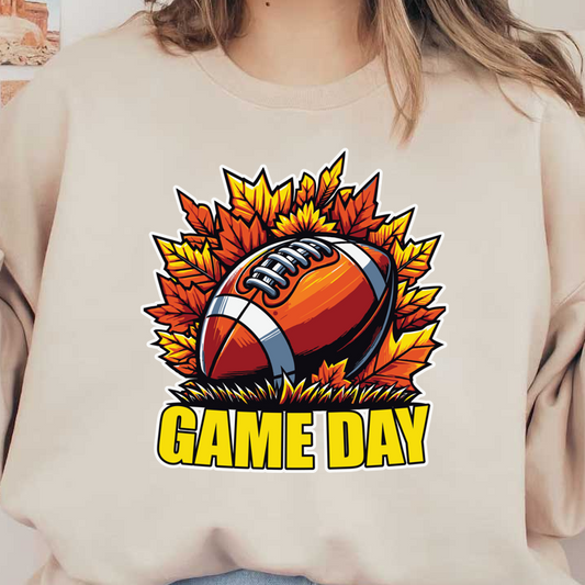 Una ilustración vibrante que presenta un balón de fútbol rodeado de coloridas hojas de otoño, con una etiqueta llamativa que dice "GAME DAY" debajo.