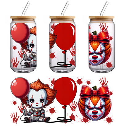 A whimsical illustration of Pennywise, featuring a cute doll holding a red balloon, alongside a playful clown face with a bow.UV Transfers heat press transfers