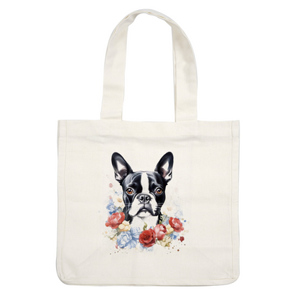 Una encantadora ilustración de un Boston Terrier en blanco y negro rodeado de un vibrante arreglo floral, que irradia personalidad y calidez.