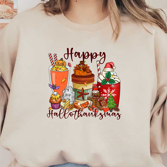 Celebrate the festive season with a whimsical "Happy HalloThanksMas" illustration featuring playful autumn and Halloween elements.dtf regular iron