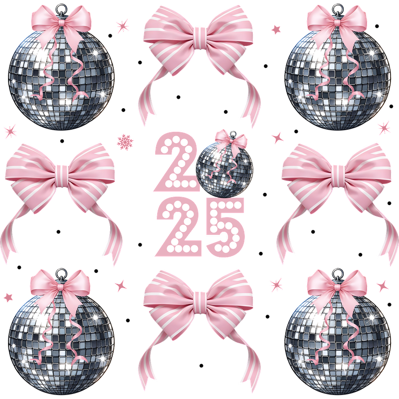 Celebrate in style with this festive design featuring shimmering disco balls, elegant pink bows, and the year “2025” in a cheerful layout!DTF Transfers dtf prints