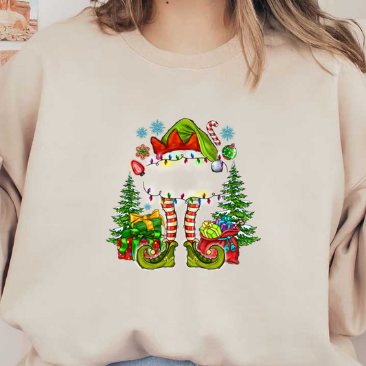 A whimsical Christmas elf design featuring colorful lights, striped legs, and surrounded by festive gifts and evergreen trees.DTF Transfersdtf regular iron