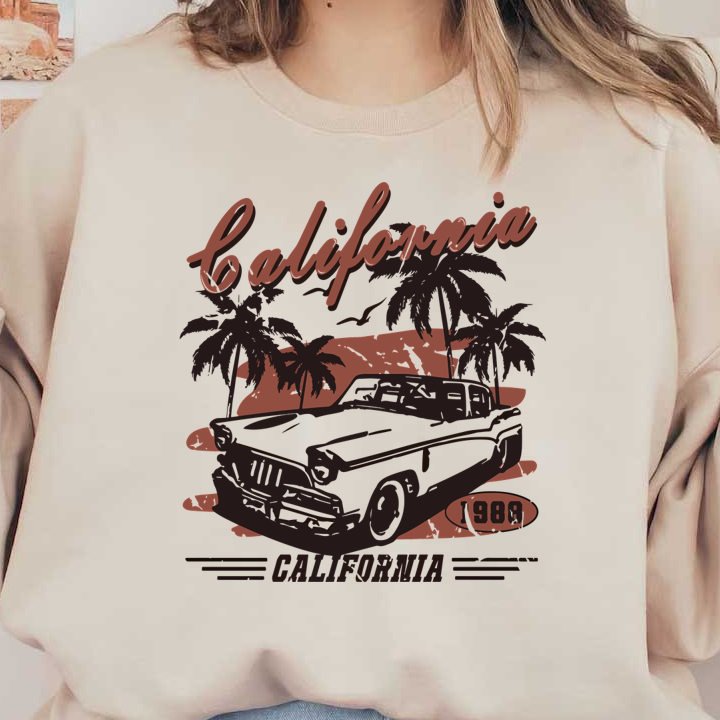 Gráfico de inspiración retro que presenta un automóvil clásico con palmeras, resaltando California y el año 1988 en estilo vintage.