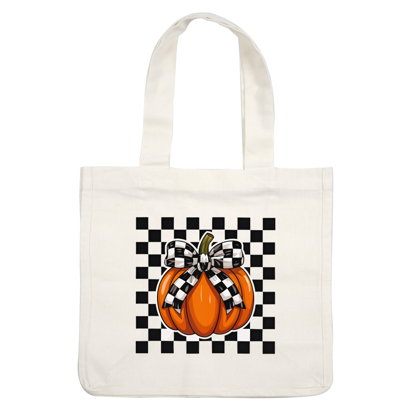 Una calabaza de color naranja vibrante adornada con un elegante lazo a cuadros blancos y negros, perfecta para la decoración de otoño.