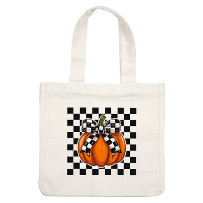 Una calabaza de color naranja vibrante adornada con un elegante lazo a cuadros blancos y negros, perfecta para la decoración de otoño.