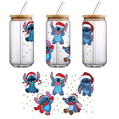 A playful illustration of Stitch in various festive poses, wearing hats and scarves, capturing the holiday spirit.UV Transfers heat press transfers