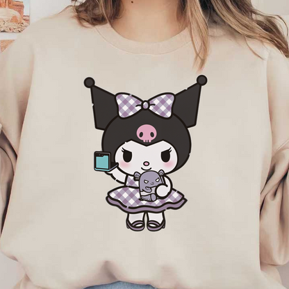 This cute character features a girl in a checkered dress, holding a smartphone and a plush toy, with whimsical horns.DTF Transfers