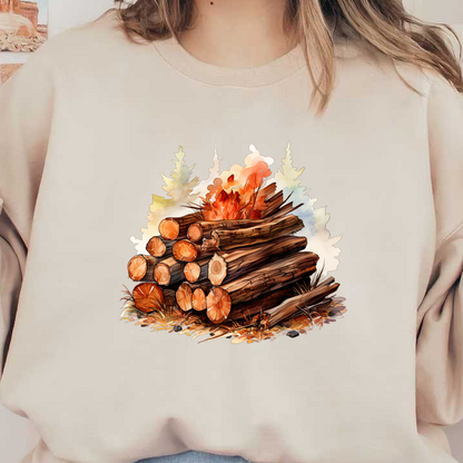 A vibrant illustration of stacked logs next to a crackling campfire, surrounded by lush trees and natural scenery. heat press transfers