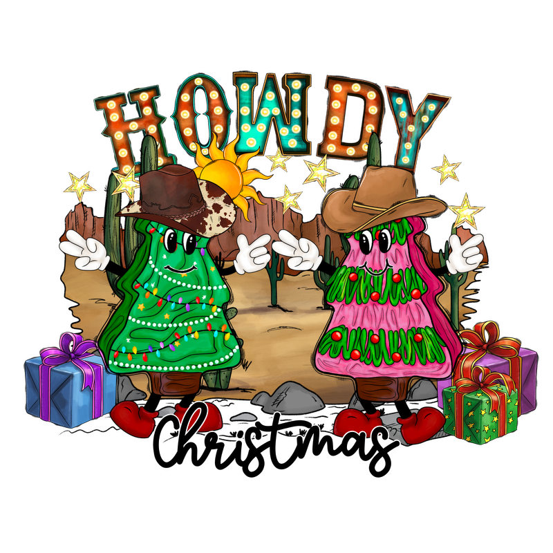 A festive design featuring cartoon Christmas trees in cowboy hats, adorned with lights and decorations, greeting winter with "Howdy Christmas!"DTF Transfers dtf prints