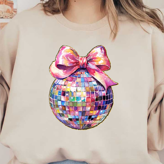 A colorful disco ball decorated with a vibrant bow, perfect for adding a festive touch to any celebration.DTF Transfers heat press transfers heat press transfers