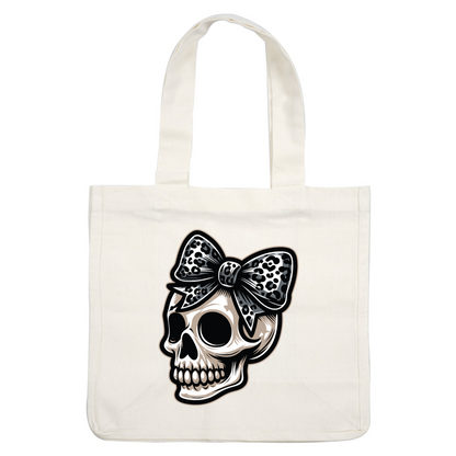 A stylish skull adorned with a bold black and white leopard-print bow, blending edgy and playful aesthetics. dtf transfers