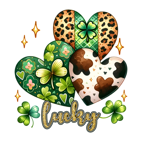 Un diseño vibrante que presenta corazones en varios patrones, incluidos tréboles y estampados de animales, con la palabra "lucky" en oro brillante.