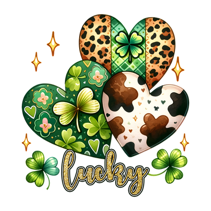 Un diseño vibrante que presenta corazones en varios patrones, incluidos tréboles y estampados de animales, con la palabra "lucky" en oro brillante.