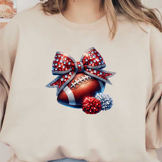 A decorated football features a sparkling red bow with rhinestones, accompanied by colorful pom-poms for a festive touch.DTF Transfersdtf regular iron