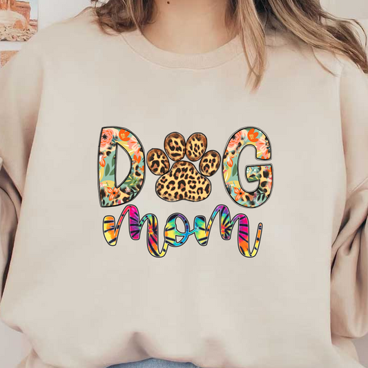 A vibrant and playful "Dog Mom" design featuring floral and leopard print letters, perfect for proud dog owners!DTF Transfersdtf regular iron