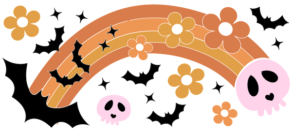 A whimsical illustration featuring a colorful rainbow adorned with flowers, cute pink skulls, and playful bats against a black backdrop.UV Transfers dtf prints