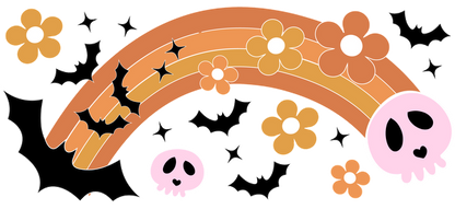 A whimsical illustration featuring a colorful rainbow adorned with flowers, cute pink skulls, and playful bats against a black backdrop.UV Transfers dtf prints