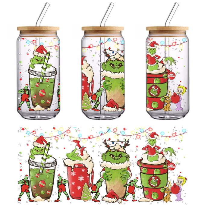 A festive illustration featuring the Grinch and whimsical holiday-themed drinks, adorned with cheerful decorations and playful elves.UV Transfersdtf regular iron