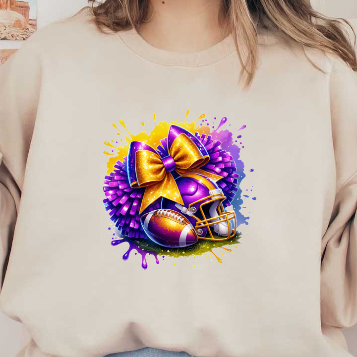 A vibrant illustration featuring a purple football helmet, a football, and a large decorative bow with colorful pom-poms.DTF Transfers dtf prints